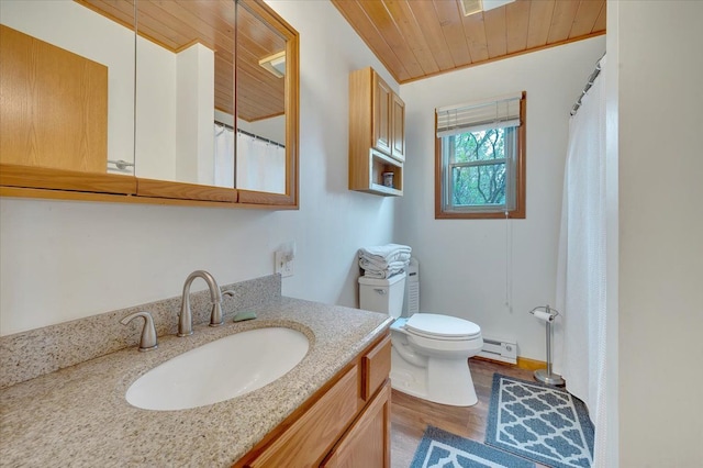 full bath with toilet, wood ceiling, wood finished floors, baseboard heating, and vanity