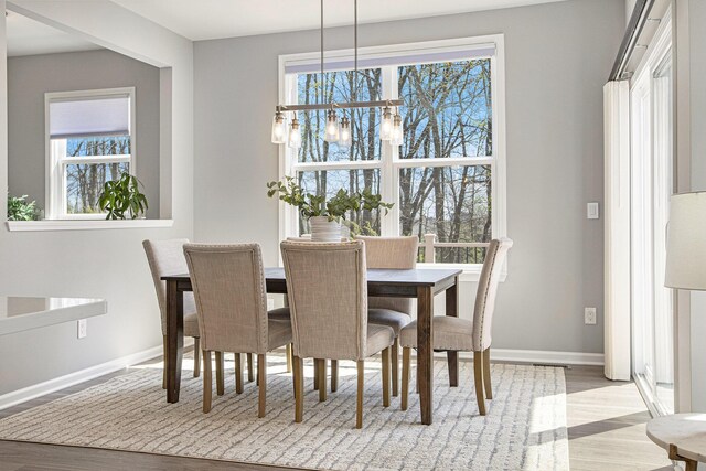 dining space with an inviting chandelier, baseboards, and wood finished floors