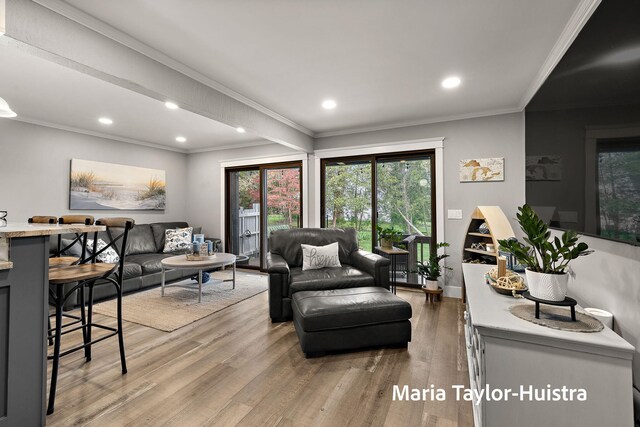 living room with crown molding, recessed lighting, and light wood-style floors