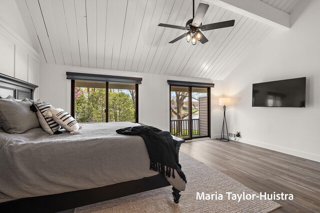 bedroom featuring wood finished floors, access to exterior, baseboards, wooden ceiling, and lofted ceiling with beams