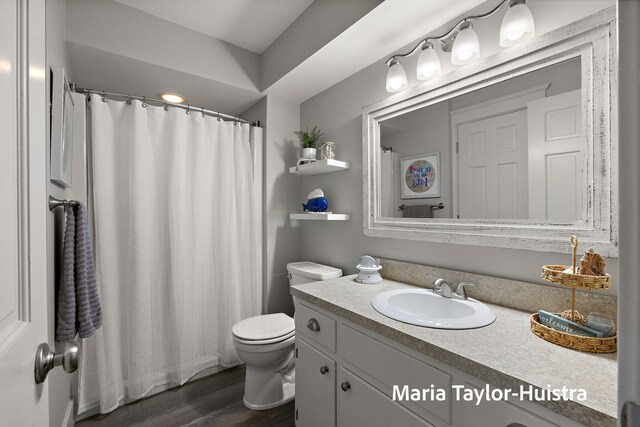 bathroom with vanity, wood finished floors, toilet, and a shower with curtain