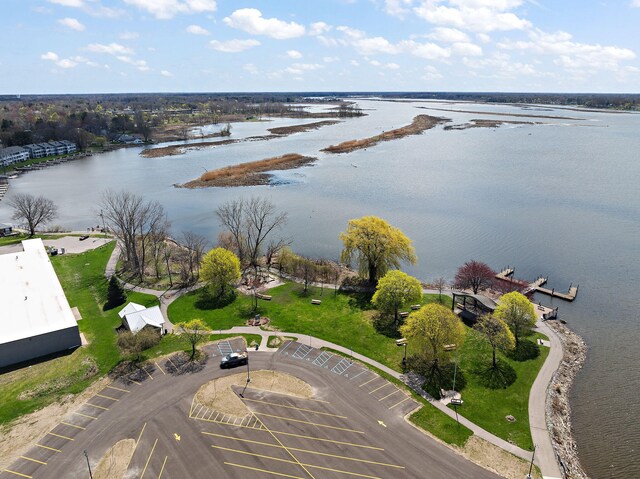 drone / aerial view with a water view