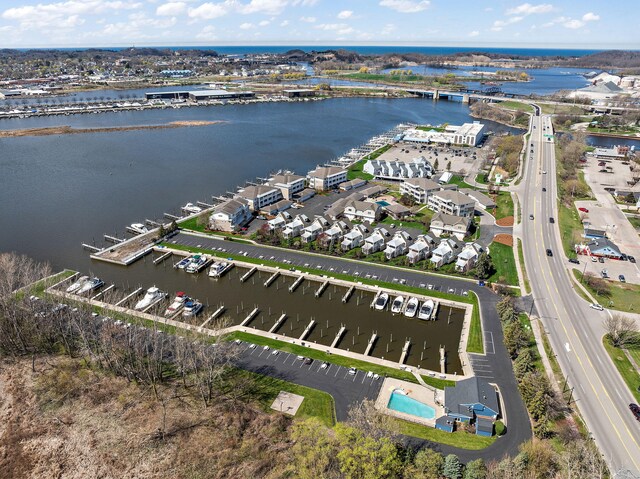aerial view featuring a water view