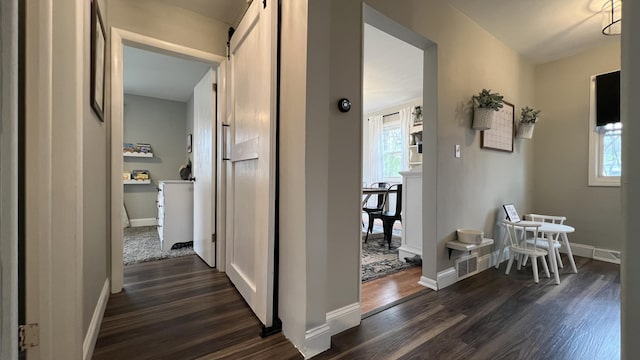 corridor featuring baseboards, plenty of natural light, a barn door, and dark wood-type flooring