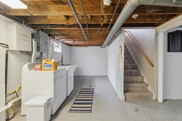 below grade area featuring separate washer and dryer, stairway, and electric panel