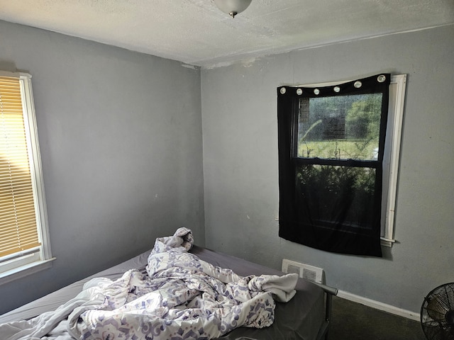 carpeted bedroom with a textured ceiling and visible vents