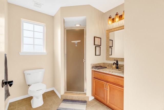 full bathroom with visible vents, tile patterned flooring, toilet, baseboards, and a shower stall
