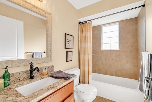 bathroom featuring toilet, tile patterned floors, shower / bathtub combination with curtain, and vanity