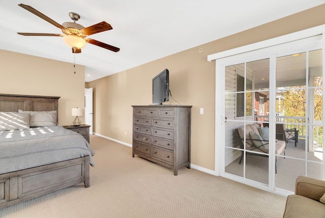 bedroom featuring baseboards, ceiling fan, access to outside, and light carpet