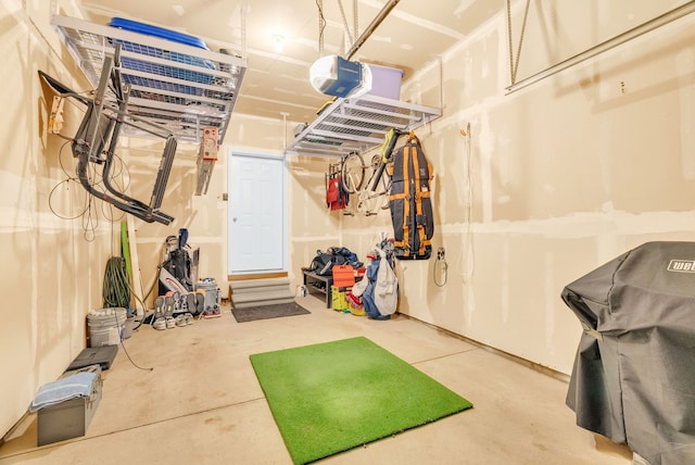 interior space with a garage and golf simulator