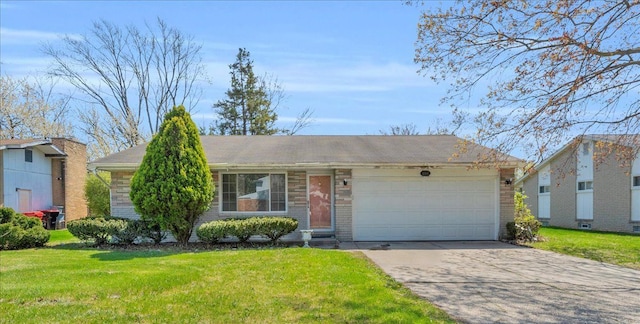 ranch-style house with brick siding, an attached garage, and a front yard