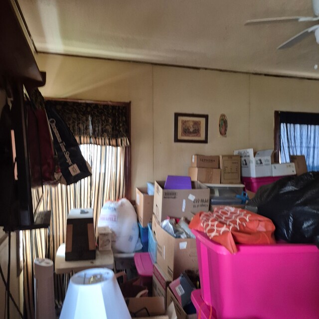 storage area featuring a ceiling fan