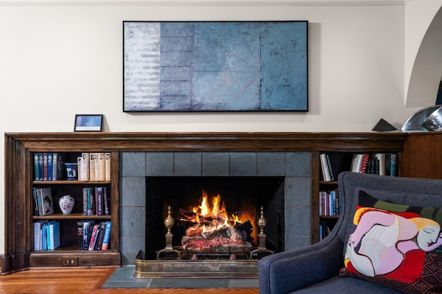 interior details with a fireplace