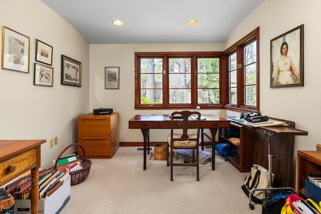 carpeted home office featuring plenty of natural light and recessed lighting
