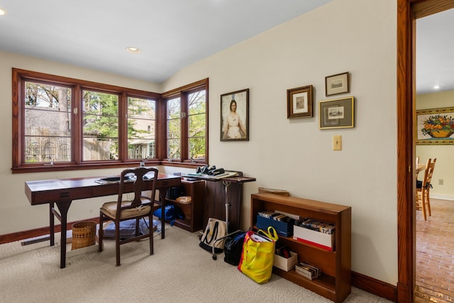 office featuring baseboards, carpet flooring, and recessed lighting
