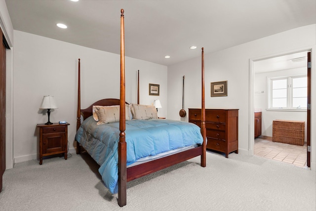 bedroom featuring connected bathroom, recessed lighting, baseboards, and light colored carpet