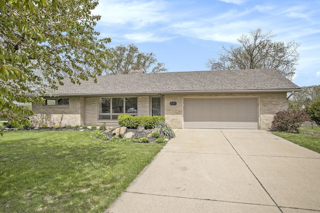 ranch-style house with a front yard, roof with shingles, brick siding, concrete driveway, and an attached garage
