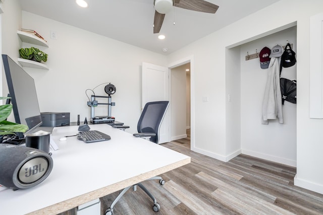 home office with baseboards, recessed lighting, ceiling fan, and wood finished floors