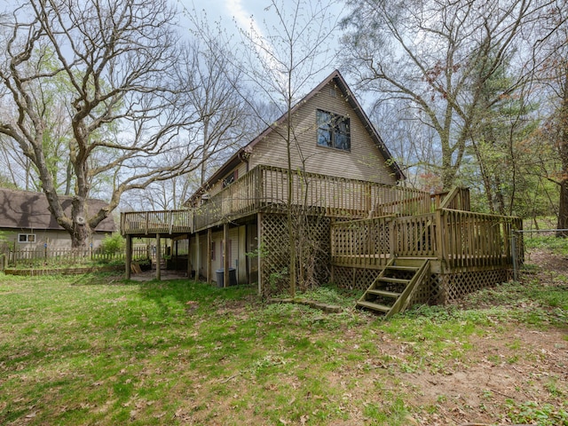 back of house with stairs, central AC unit, fence, and a deck