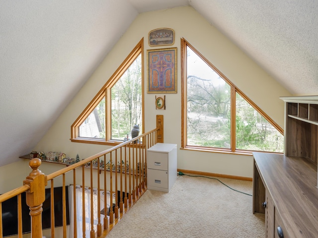 bonus room featuring a textured ceiling, lofted ceiling, a wealth of natural light, and carpet
