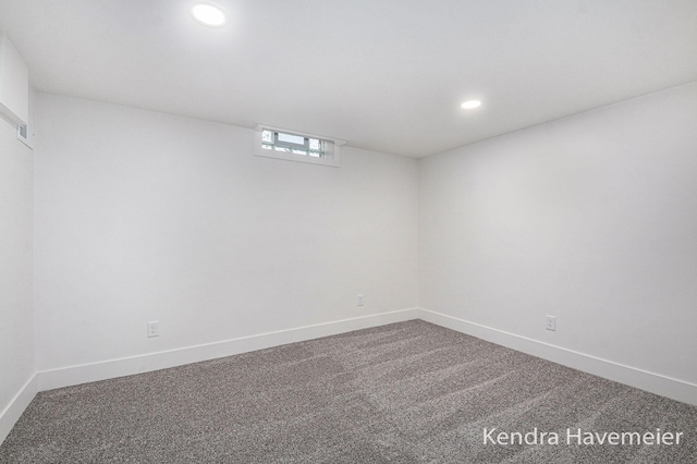 basement with recessed lighting, baseboards, and carpet floors