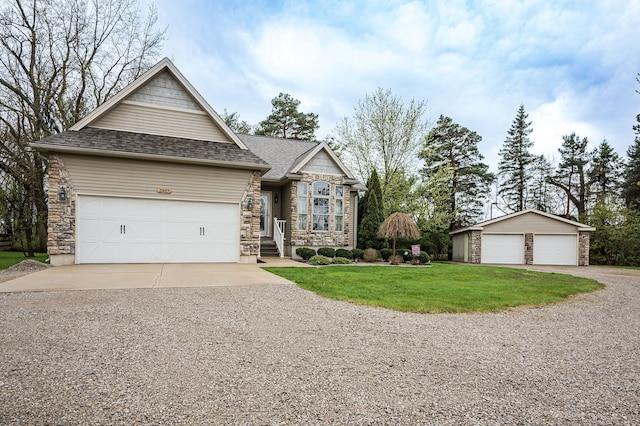 view of front of house featuring stone siding, an outdoor structure, roof with shingles, and a front lawn