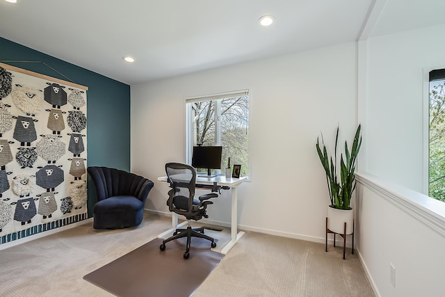 carpeted office space featuring recessed lighting and baseboards