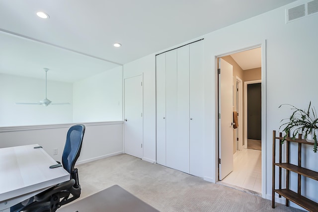 home office with visible vents, recessed lighting, and light colored carpet