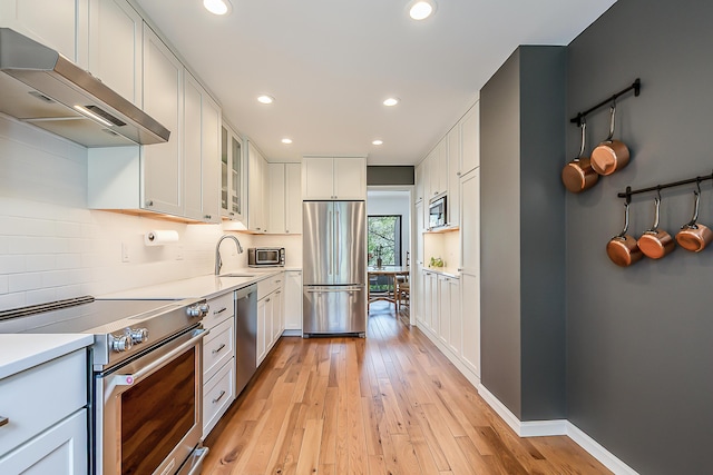 kitchen with exhaust hood, appliances with stainless steel finishes, a sink, light countertops, and light wood-style floors