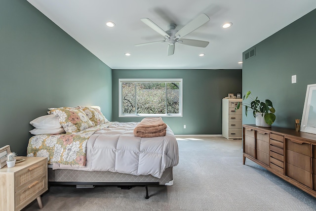 bedroom with carpet floors, recessed lighting, baseboards, a ceiling fan, and visible vents
