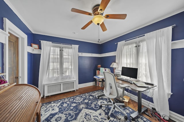 206 S Webster St, Jackson, MI 49203 - office with a ceiling fan, wood finished floors, baseboards, radiator heating unit, and ornamental molding
