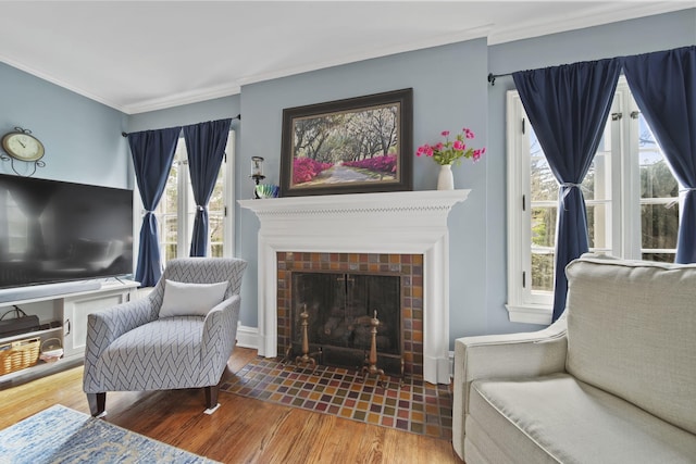 206 S Webster St, Jackson, MI 49203 - living area with a fireplace with flush hearth, ornamental molding, and wood finished floors