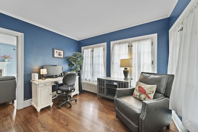 206 S Webster St, Jackson, MI 49203 - home office with crown molding, baseboards, radiator, and wood finished floors