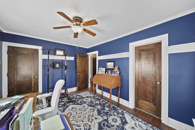 206 S Webster St, Jackson, MI 49203 - office area featuring baseboards, ornamental molding, a ceiling fan, and wood finished floors