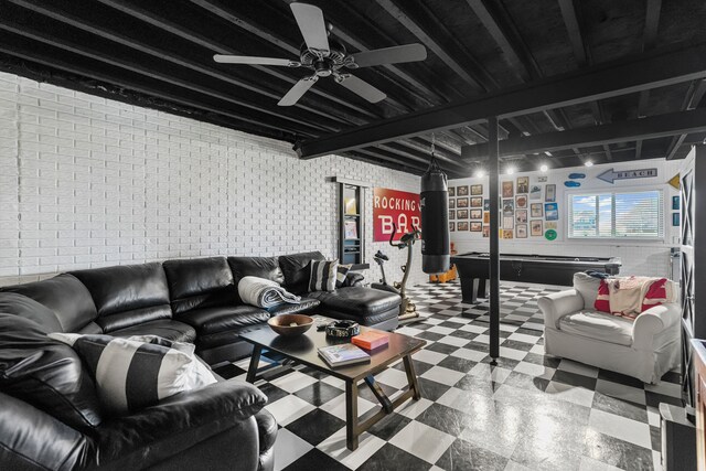 living area with billiards, ceiling fan, and tile patterned floors