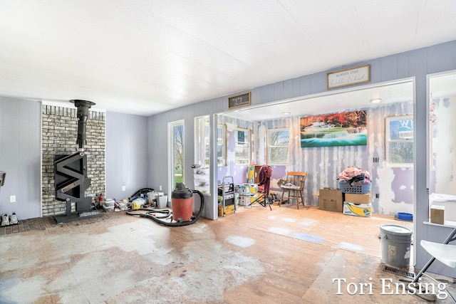 living area with a wood stove