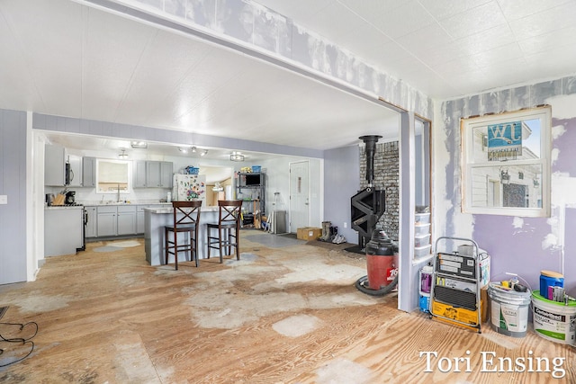 living room featuring a wood stove and light wood-type flooring