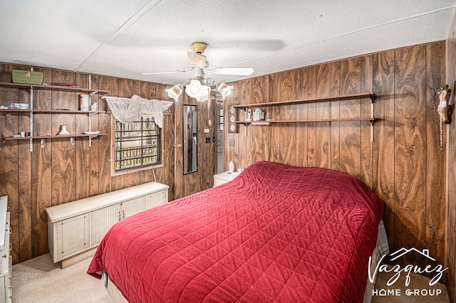 12480 Fargo St NE, Gowen, MI 49326 - carpeted bedroom featuring wooden walls, a textured ceiling, and radiator heating unit