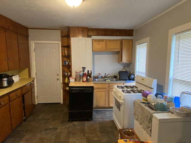 kitchen featuring crown molding, dishwasher, a sink, light countertops, and white range with gas stovetop