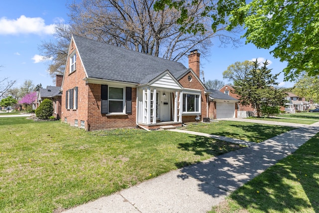 1111 N Franklin St, Dearborn, MI 48128 - bungalow-style house with a detached garage, a shingled roof, a front lawn, and brick siding