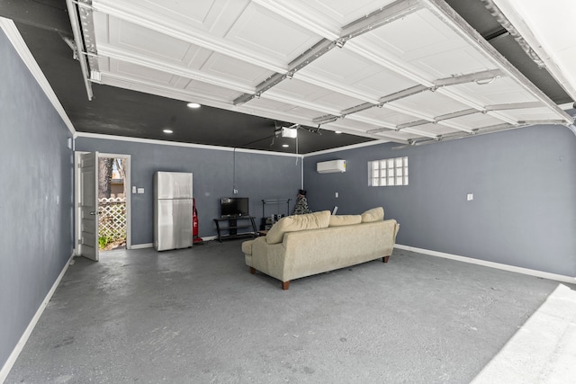 1111 N Franklin St, Dearborn, MI 48128 - garage featuring baseboards, freestanding refrigerator, and an AC wall unit