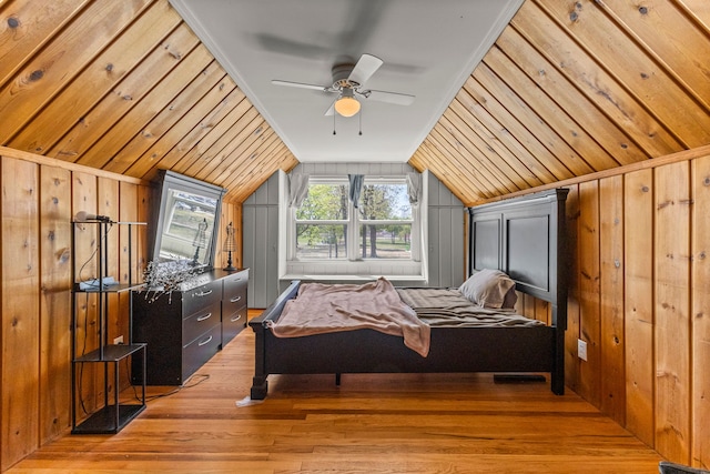 1111 N Franklin St, Dearborn, MI 48128 - bedroom featuring wooden walls, light wood-style floors, a ceiling fan, and lofted ceiling