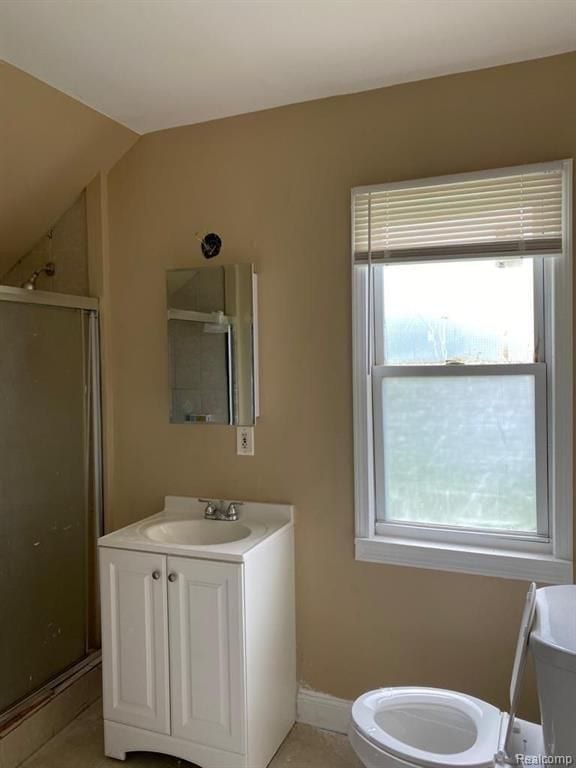 full bathroom featuring a shower stall, a healthy amount of sunlight, vanity, and toilet