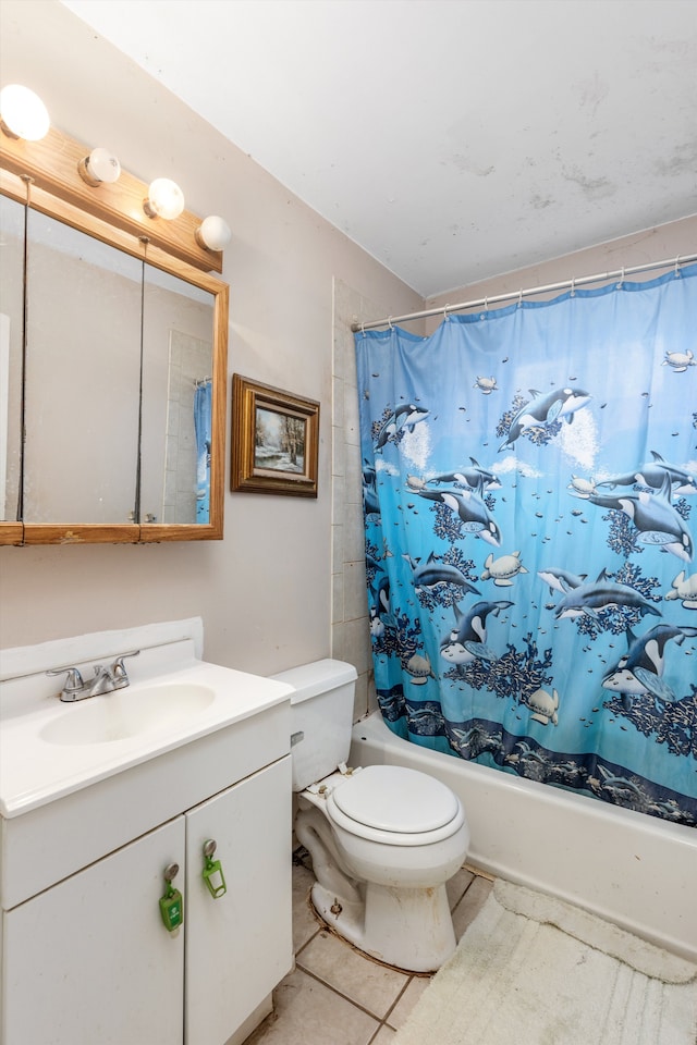full bathroom featuring vanity, tile patterned flooring, shower / bath combo, and toilet
