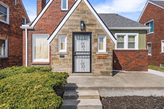 property entrance featuring a chimney, a shingled roof, and stone siding