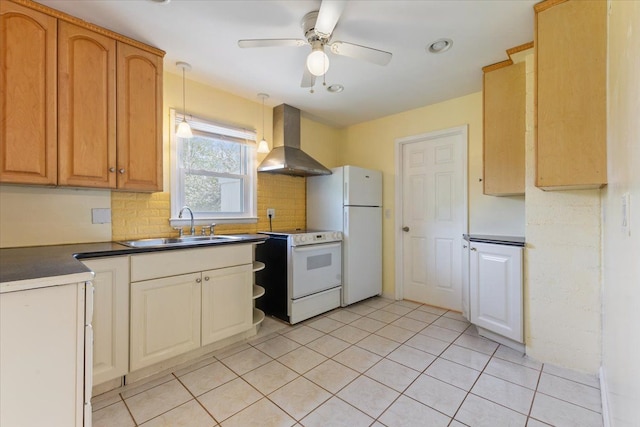 kitchen featuring ceiling fan, a sink, white appliances, wall chimney exhaust hood, and decorative backsplash