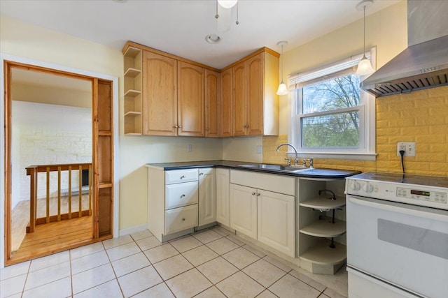 kitchen with open shelves, white range with electric cooktop, wall chimney exhaust hood, a sink, and light tile patterned floors