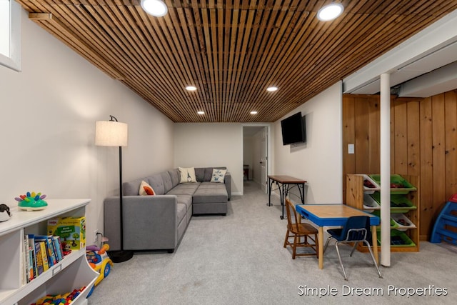 carpeted living room featuring recessed lighting
