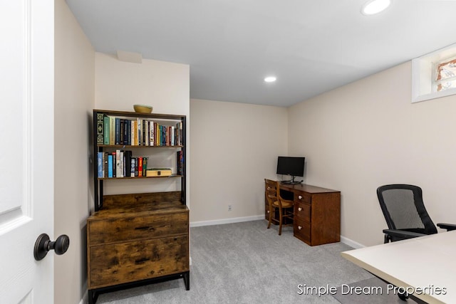 carpeted office space with recessed lighting and baseboards