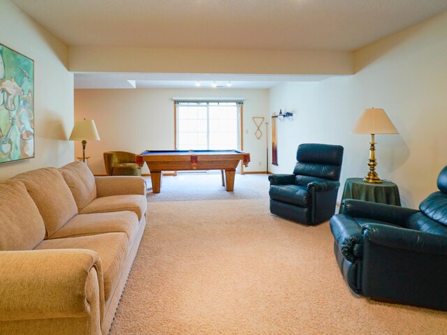 living room with carpet flooring and billiards